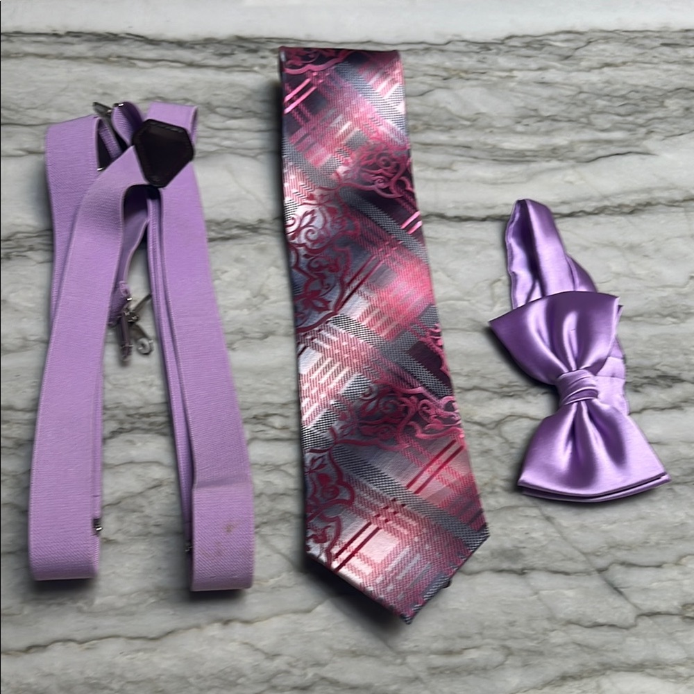 Elegant Purple and Pink Tie Set- tie, bowtie & suspenders